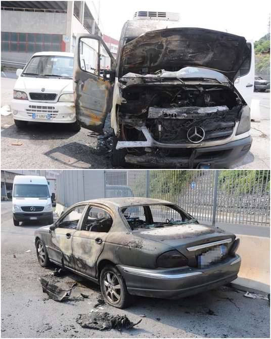 Collage Incendio auto furgoni mercato fiori Valle Armea