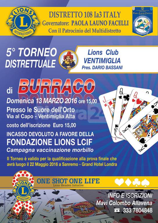 Domenica Prossima, Torneo Benefico di Burraco organizzato dal Lions Club Ventimiglia