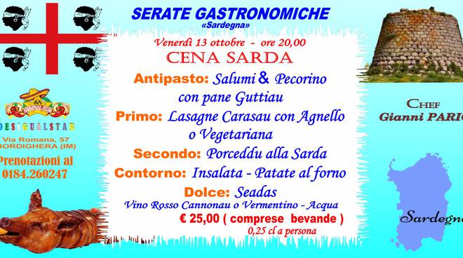 Bordighera, da DesigualStar serata gastronomica dedicata alla Sardegna