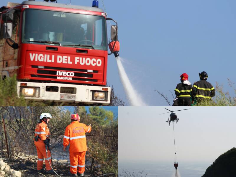 Bordighera, vigili del fuoco, protezione civile ed elicottero per spegnere l’incendio doloso a Montenero