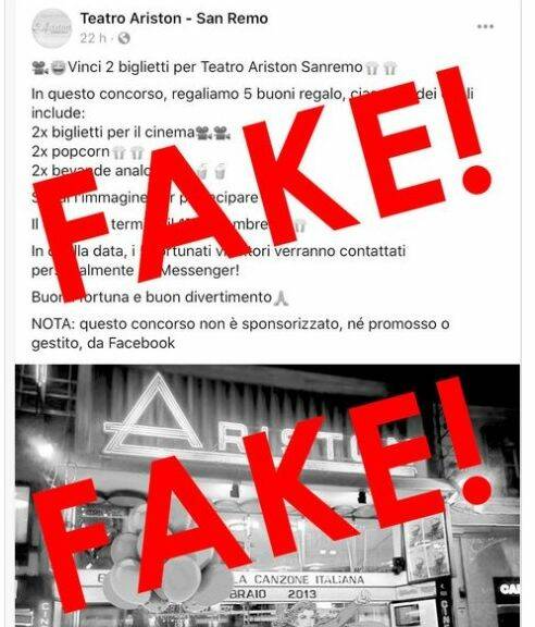Concorso fake su Facebook promette biglietti per il cinema Ariston, teatro palco del Festival di Sanremo